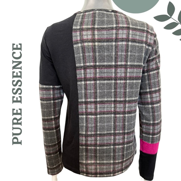 Mixed Media Tunic in Grey Black & Pink | Pure Essence | Plaid Colorblock Size XS - Picture 4 of 5